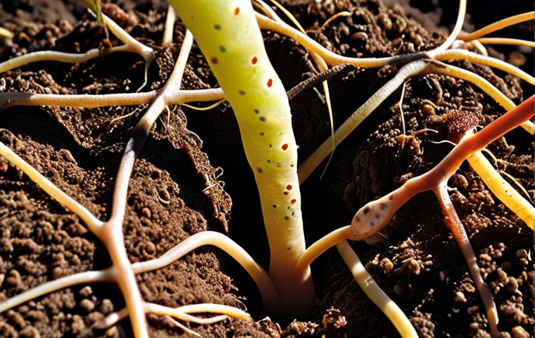 **Image Prompt:** A vibrant close-up of soil teeming with microscopic life – bacteria, fungi, protozoa, and nematodes. Illustrate the interconnectedness and diversity of the soil food web. Show plant roots intertwined, benefiting from the microbial activity. Sunlight dappling through the topsoil. Emphasis on healthy, dark, rich soil.